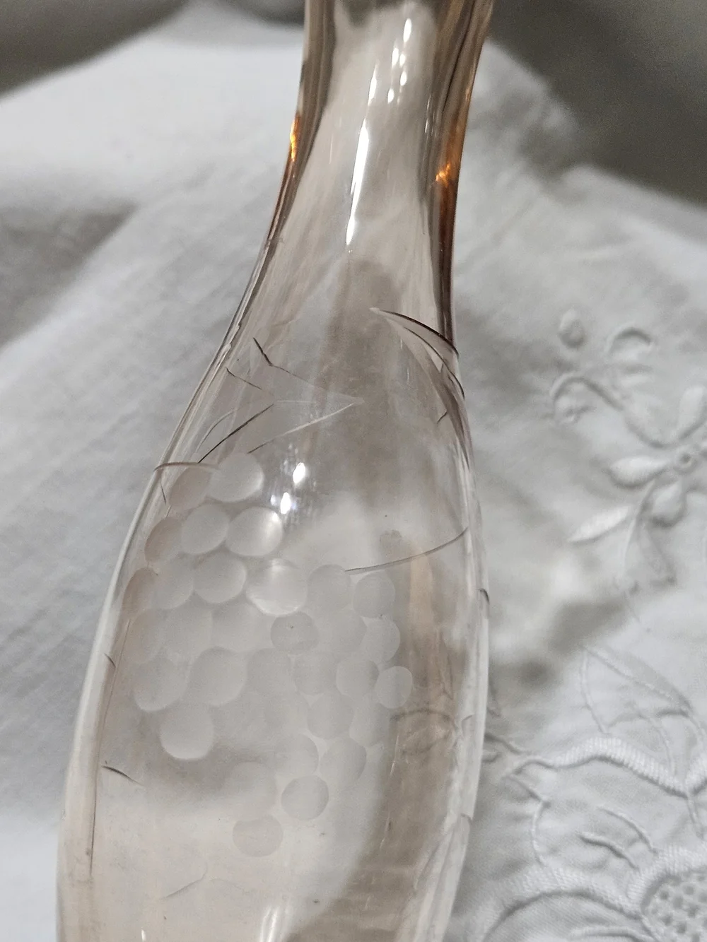 Vintage Pink Depression Footed Vase with Grapes Etched